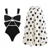 Black & White Lined Bow Cut-Out One Piece Swimsuit & Polka Dot Cover Skirt